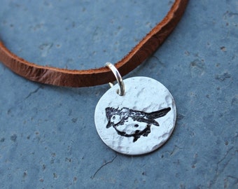 Rustic blue jay leather necklace - hammered handmade fine silver charm,  soft deer suede cord - free ship USA