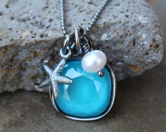 Mermaid's Midnight Pool Necklace- Azure Blue Crystal, White Pearl, Starfish Charm- Oxidized Sterling Silver Ball Chain - Ocean blue