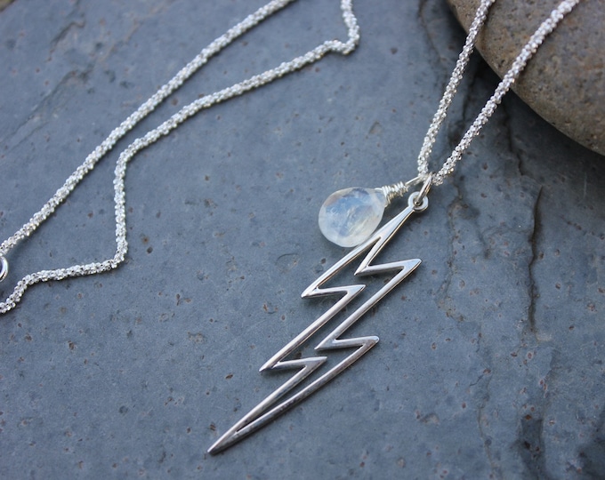 Moonstone Gem Raindrop White Lightning Sterling Silver Necklace- Lightning Bolt Pendant Sterling Silver Rope Chain free shipping USA