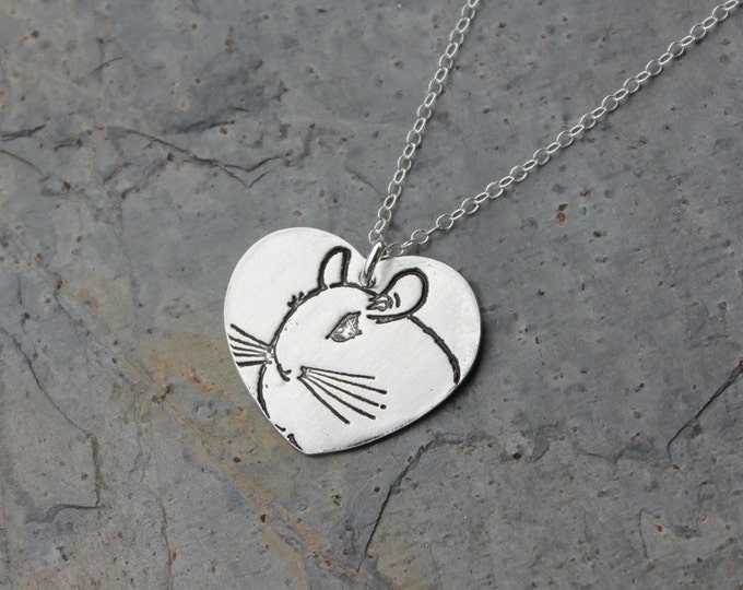 Chinchilla Love necklace fine silver handmade heart charm with stamped chinchilla on sterling silver chain free shipping in USA