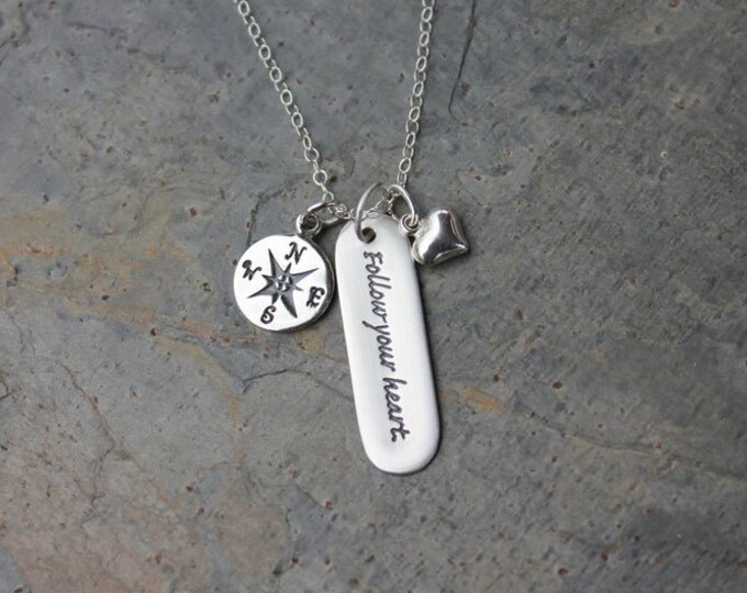 Buddhism Follow Your Heart Sterling Silver Charm Cluster Necklace- inspirational word phrase compass heart Yoga- free shipping USA