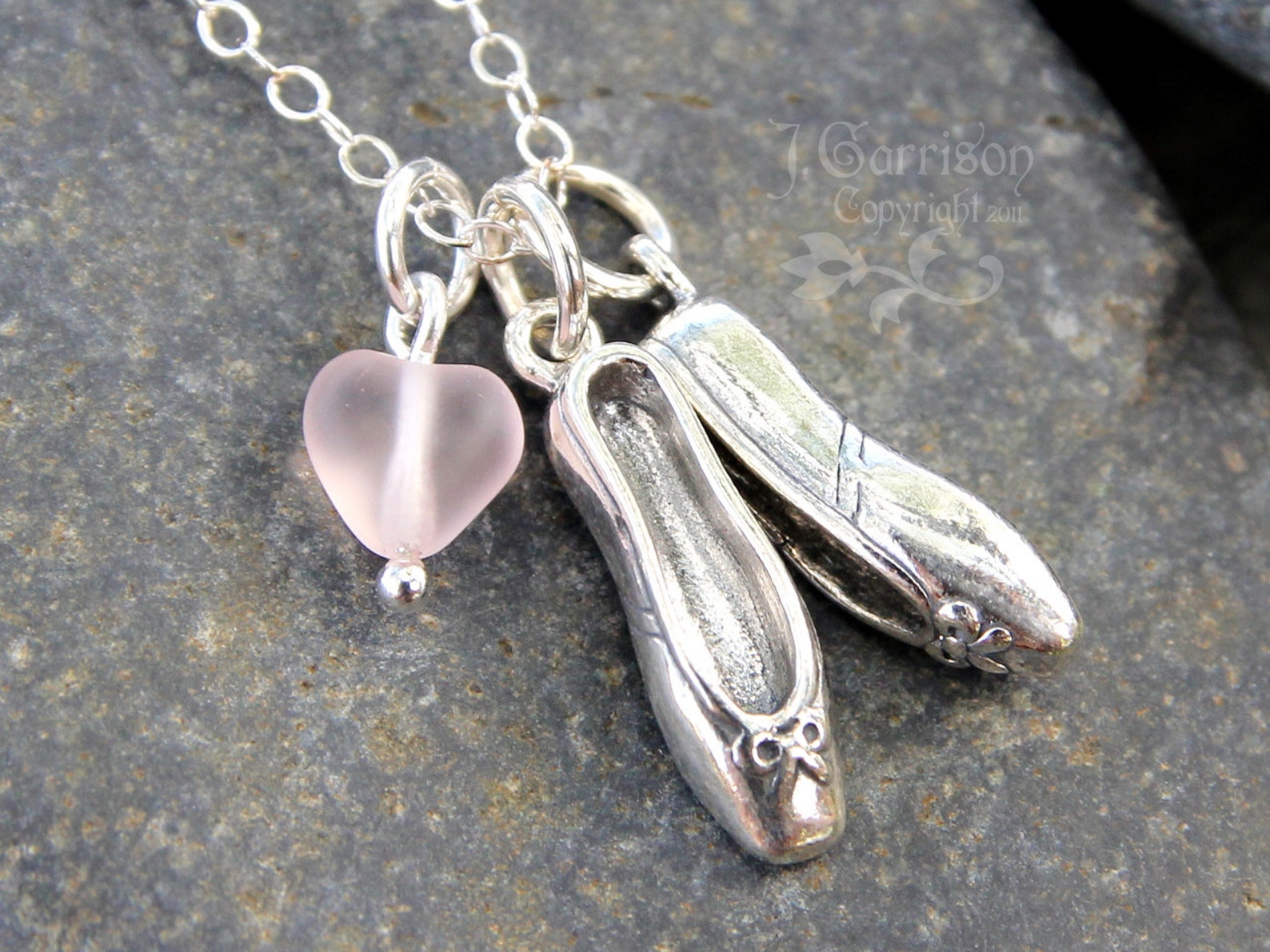love ballet necklace - sterling silver dancing shoes charms and pale pink glass heart, sterling silver chain - free shipping usa