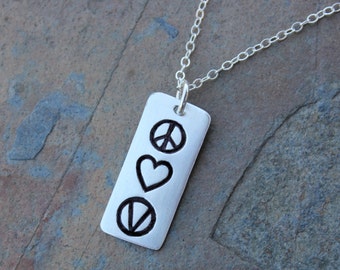 Peace Love Vegan Necklace - handmade fine silver rectangle charm- peace sign, heart & vegan symbol, sterling silver chain- free shipping USA