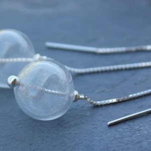 Bubbles threader earrings - hollow clear blown glass spheres, sterling silver beads, long sterling silver ear threads - also in black silver