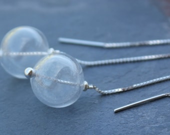 Bubbles threader earrings - hollow clear blown glass spheres, sterling silver beads, long sterling silver ear threads - also in black silver