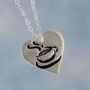 I heart coffee I love tea - handmade fine silver heart charm with teacup on sterling chain - version 2 upright heart - free shipping USA