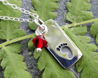 Tiny baby footprint and birthstone crystal necklace - custom colors - sterling silver- baby, new mom, memory charm - free shipping USA