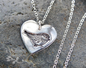 My little chickadee necklace - handmade fine silver heart charm with bird stamp on a sterling silver chain - free shipping in USA