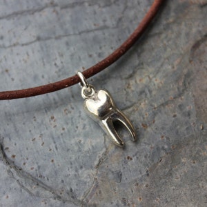 Tooth necklace large sterling silver molar charm on distressed brown leather cord mens, womens free shipping USA gift for dentist image 1