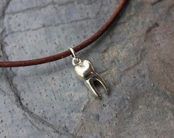 Tooth necklace - large sterling silver molar charm on distressed brown leather cord - mens, womens - free shipping USA - gift for dentist