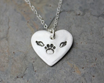 Winged paw print necklace - handmade fine silver heart charm with cat / dog pawprint & angel wings - sterling chain - free shipping in USA