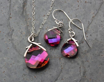 Volcano briolette sterling silver necklace & earring set, bright fuchsia pink purple color changing Swarovski crystals - free shipping USA