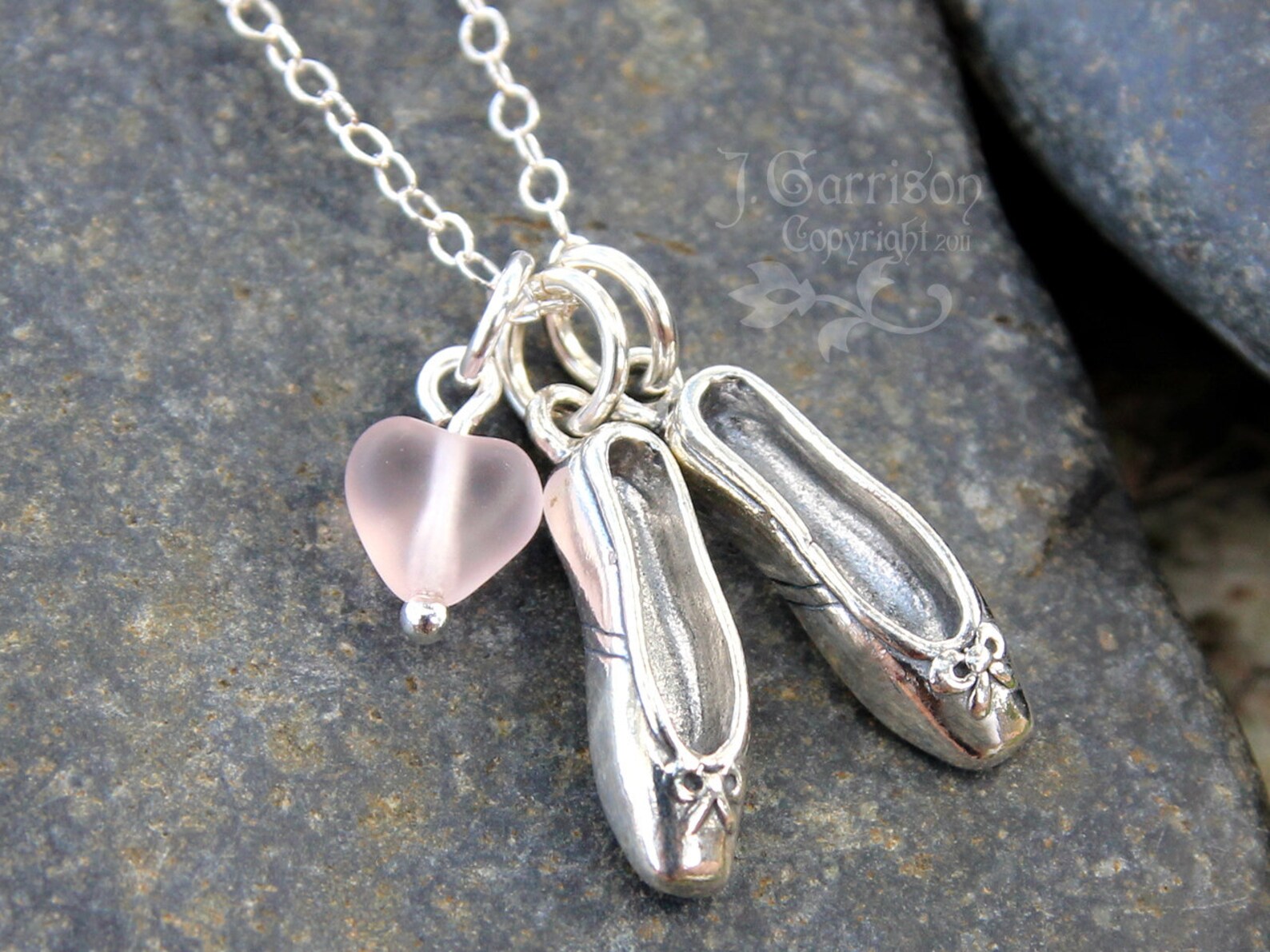 love ballet necklace - sterling silver dancing shoes charms and pale pink glass heart, sterling silver chain - free shipping usa