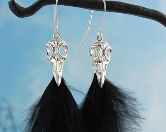 Nevermore Raven Skull Earrings - black feathers, silver plated bronze bird skull charms, sterling silver hooks - long feather earrings