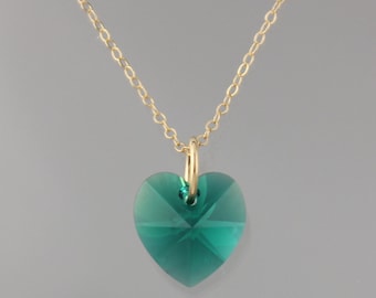 Emerald Swarovski Crystal Heart Necklace - green heart on 14k gold filled chain - also available in silver,