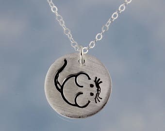 Little Mouse Necklace - handmade fine silver disc charm with adorable hand stamped pet mouse on a sterling chain- free shipping USA