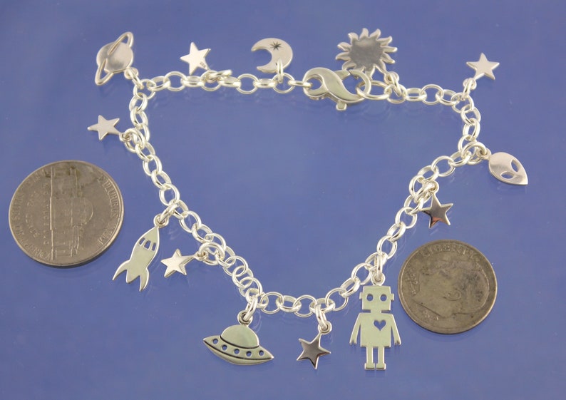 Sci Fi Fan Luxury Gift Tiny Aliens sun /& star charms Robots Planets and Spaceships Sterling Silver Charm Bracelet- plus moon