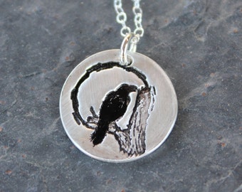 Raven and moon necklace - handmade fine silver disc charm with bird, tree and moon, on a sterling silver chain - free shipping USA