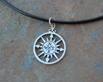 True North necklace- sterling silver compass on black leather cord- mens or women's - follow your heart -  free shipping in USA