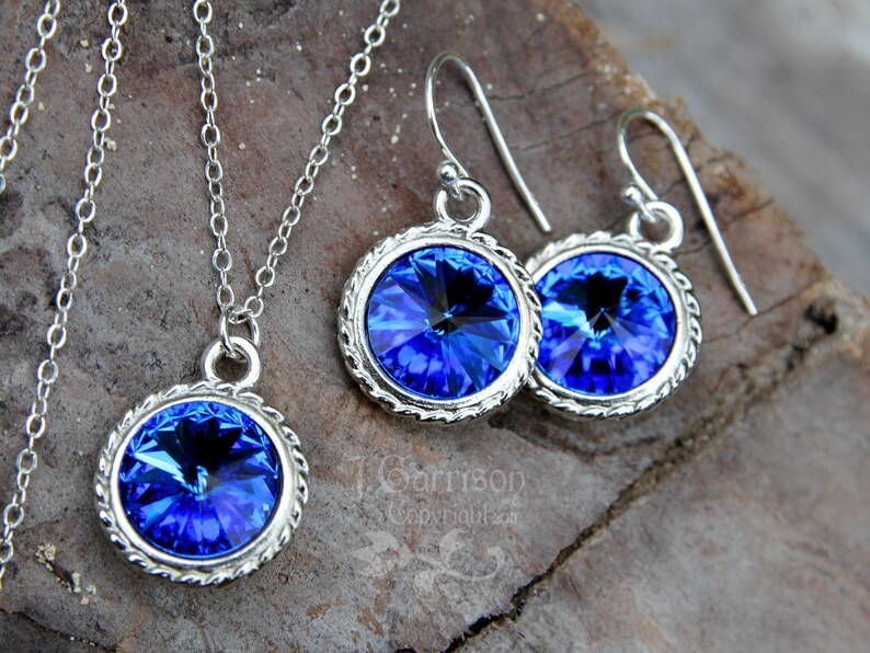 Sapphire & Silver Necklace and Earring Set Deep blue crystal rivoli on sterling silver chain and ear hooks free shipping USA image 1