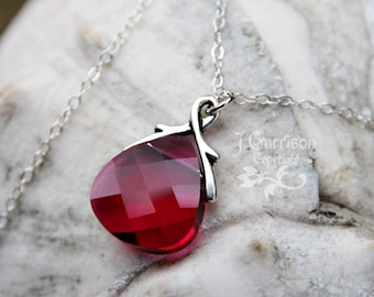 Ruby Swarovski crystal briolette necklace, sterling silver chain - fuchsia magenta hot pink - free shipping USA