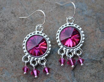 Hot Fuchsia Pink Crystal Rivoli & Silver Chandelier Earrings - with Swarovski elements- simply stunning boho chic - free shipping USA