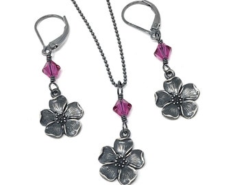 Cherry Blossom Necklace & Earrings Set or Separates- Antiqued silver flowers, fuchsia crystals, black sterling silver chain + hooks