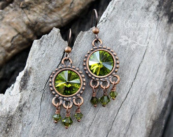 Autumn Revelry - Olivine green crystal rivoli & copper earrings - Boho chic fall colors - hypoallergenic niobium earwires for comfort