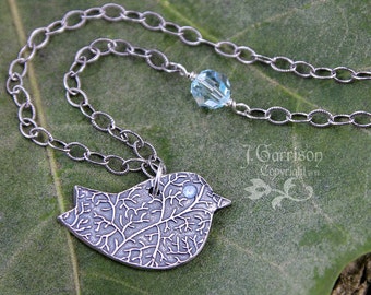 Winter bird necklace - handmade fine silver bird with blue topaz eye on oxidized sterling chain - free shipping USA