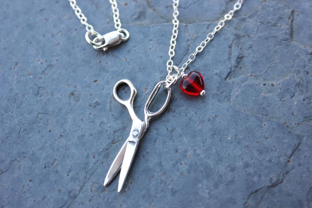 Scissors Chain Scissors Necklace- Sterling Silver Charm & Optional Red Heart, Sterling ...