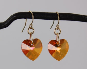 Astral Pink Crystal Heart Earrings - fiery orange pink Swarovski crystal heart pendants on 14k gold filled hooks- Free shipping USA