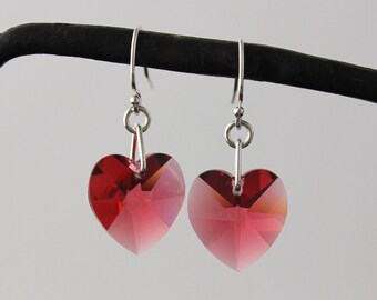 Padparadscha Pink Crystal Heart Earrings - brilliant pink Swarovski crystal hearts on sterling silver hooks - free shipping in USA
