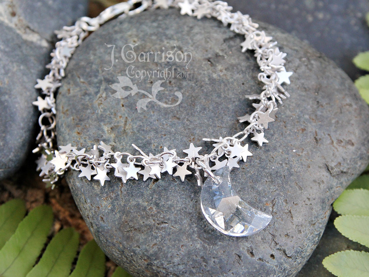 Silver Stars & Crystal Crescent Moon Bracelet or Anklet - Clusters