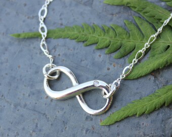 Infinity Sign Sterling Silver Necklace with real diamond accent - fancy chain - free shipping USA - Eternal - Endless - Forever - Love