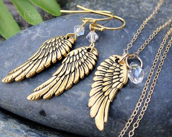 Gold angel wing necklace & earring set - gold plated wings, Swarovski crystals on 14k gold filled delicate chain and hooks
