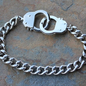 Chunky Stainless Steel Handcuffs Bracelet, Choker or Necklace- Non-tarnish Heavy Curb Chain & Hand Cuff Clasps- Men + Women-