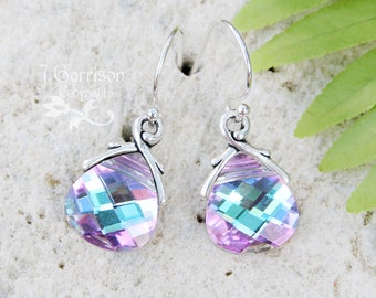 Vitrail Light Swarovski crystal briolette earrings, sterling silver hooks - pale ice blue, purple, pink color changing - free shipping USA