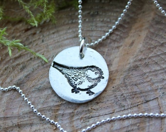 Tiny chickadee necklace - handmade fine silver disc charm with bird stamp on a delicate sterling silver ball chain - hammer textured