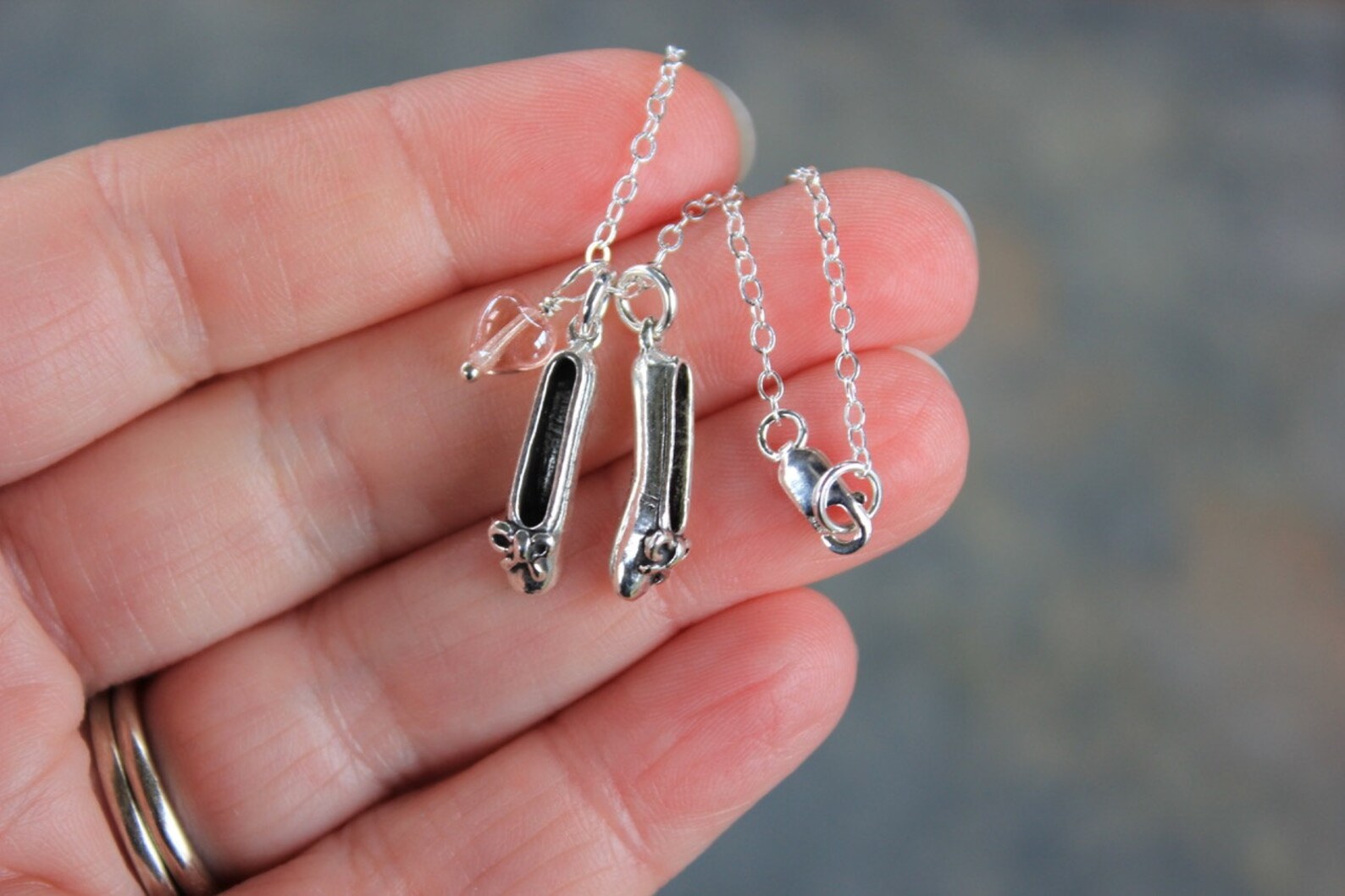 love ballet necklace - sterling silver dancing shoes charms and pale pink glass heart, sterling silver chain - free shipping usa