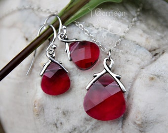 Ruby crystal briolette necklace & earring set  - fuchsia magenta pink - Swarovski crystal, sterling silver - free shipping USA