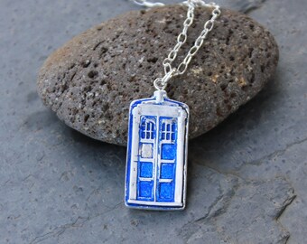 Wibbly Wobbly Blue Police Box Necklace - Handmade fine silver pendant - Sterling silver chain - for UK and Sci Fi fans