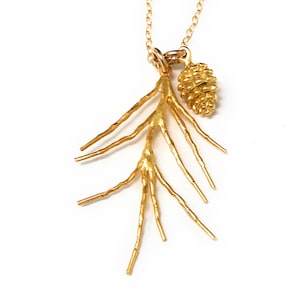Pine needle & pine cone necklace - bright satin gold plated pine branch pendant and pine cone charm, 14k gold filled chain