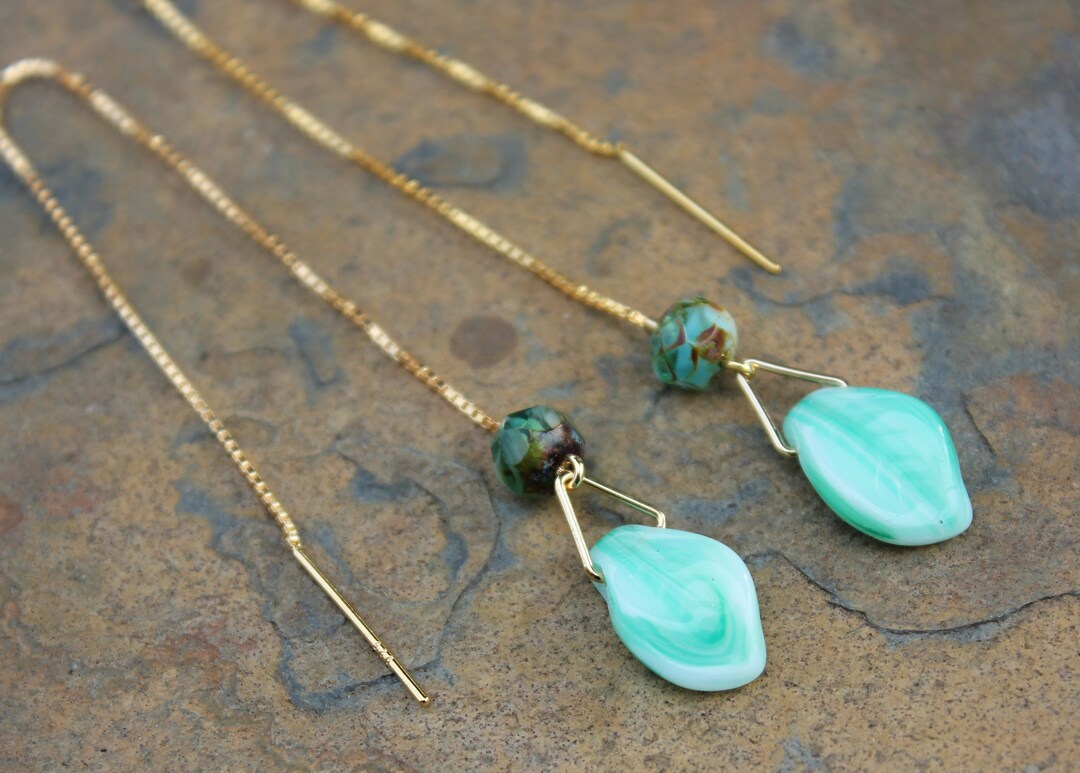 Mint Leaves Threader Earrings - Aqua Mint Green Glass Leaf and Faceted ...