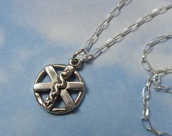 Star of Life Medical Charm Necklace - Sterling silver charm & chain- for men or women - paramedic, emt, medic - cross - free shipping USA