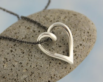 Sterling Silver Heart Slider Necklace- Bright Silver Heart, Oxidized Sterling Silver Rope Chain - Black and White