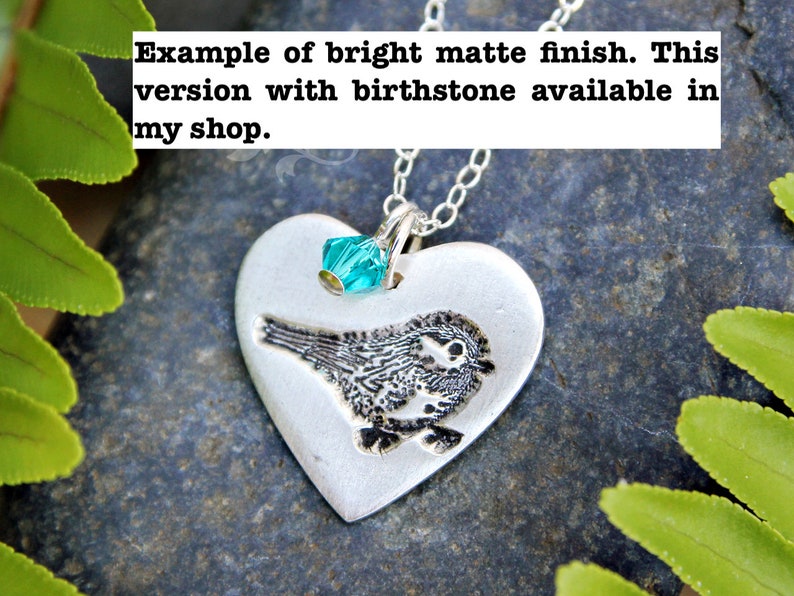 Rustic my little chickadee necklace handmade fine silver hammered & oxidized heart with bird stamp on a textured sterling silver chain image 5