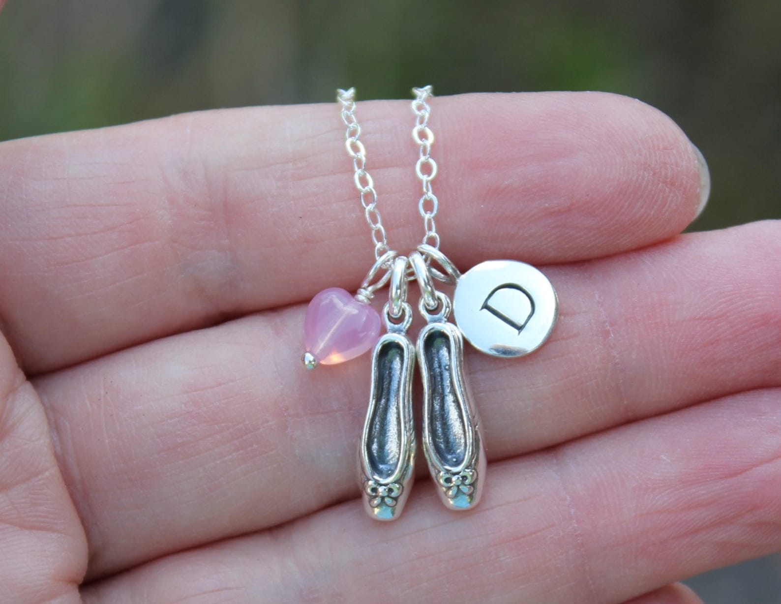 ballet shoes, initial monogram & heart necklace - sterling silver charms, glass heart or crystal in birthstone colors - free shi