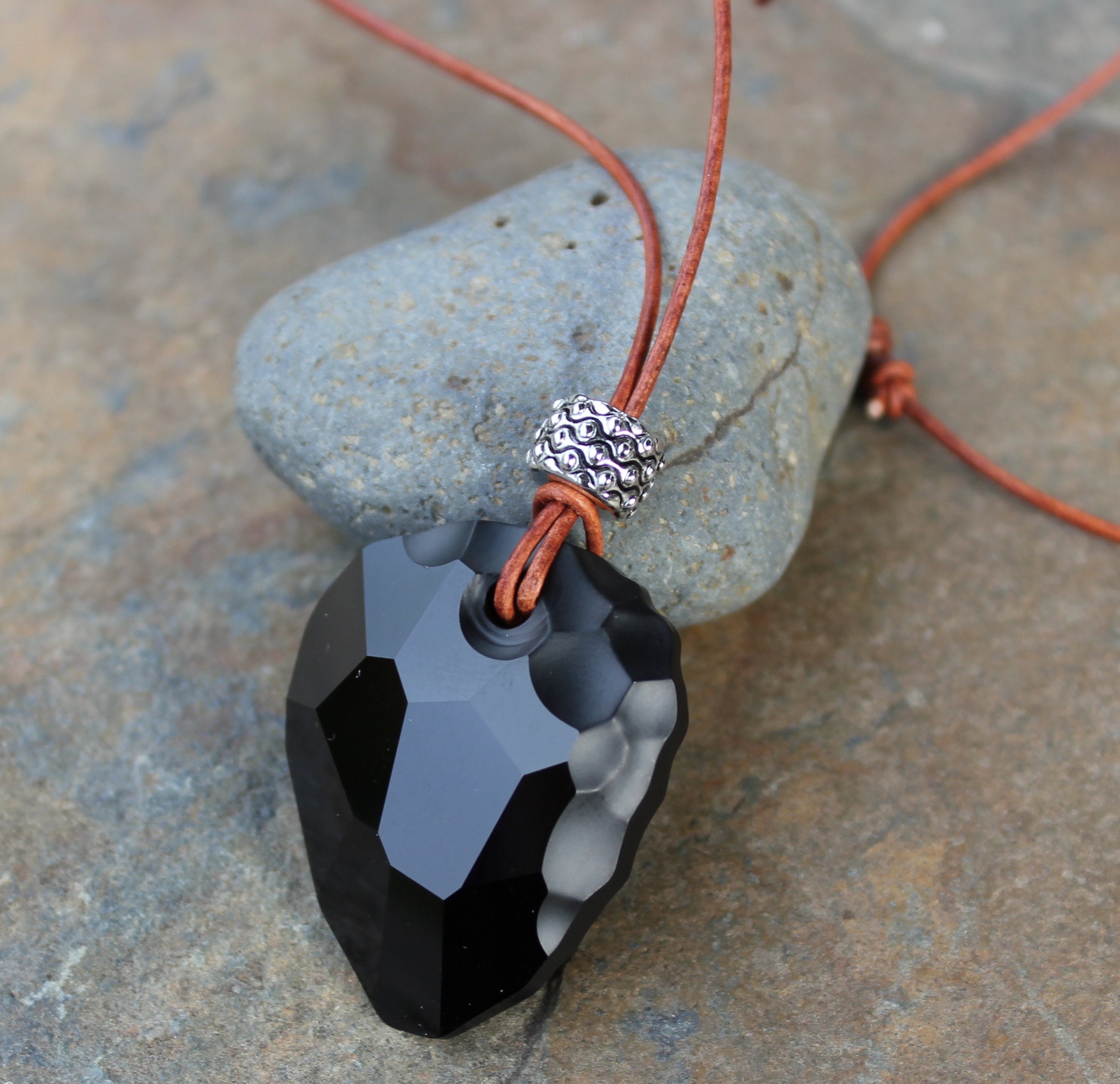 Black Rock Necklace - Huge Faceted Jet Black Swarovski Crystal 