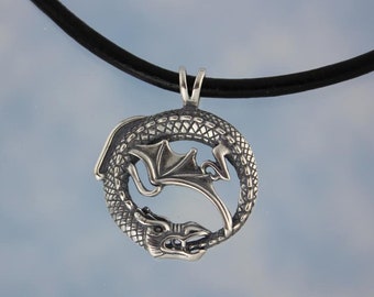 Ouroboros Necklace-  sterling silver circular winged dragon eating its tail, leather cord - mens, womens- Ancient symbol- eternity, infinity