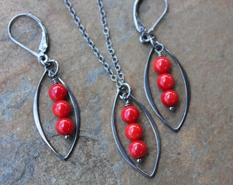 Mod Seed Pods Necklace & Earring Set- Sleek Sterling Silver Marquise Charm with Red Coral Beads- black OR bright sterling silver chain